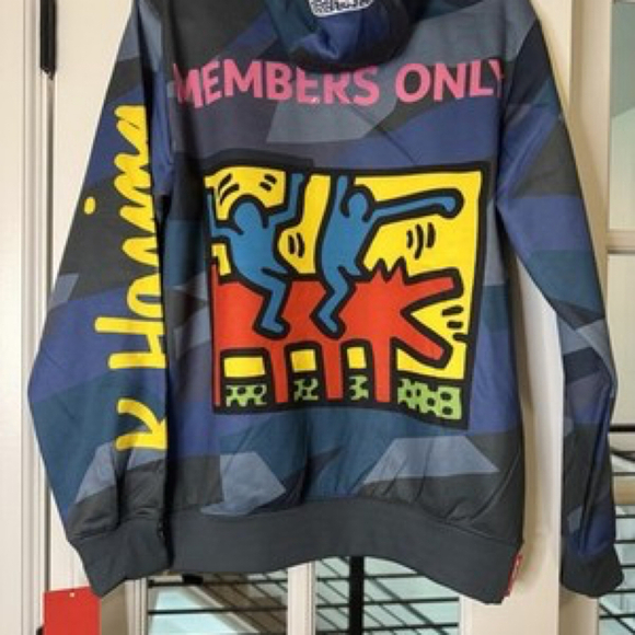 🔥 Keith Haring Member’s Only Hoodie Jacket Multi-Pattern Coat Teal Size Small - Picture 10 of 13